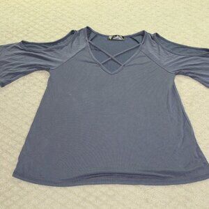 Vintage 90s Ditzy Daizy Women's Small Blue So Velvety Soft Cold Shoulder Blouse